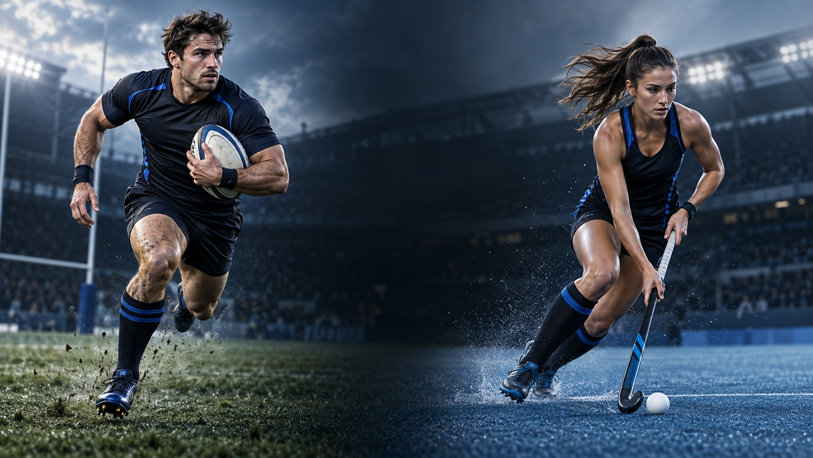Jugador de rugby y jugadora de hockey femenino en plena acción